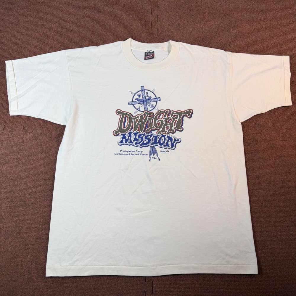 Fruit of the Loom Dwight Mission T Shirt Mens XL Vian OK Presbyterian Camp Cream